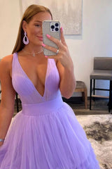 Elegant Lilac V-Neck Tulle layers Prom Dress with Sleeveless Online