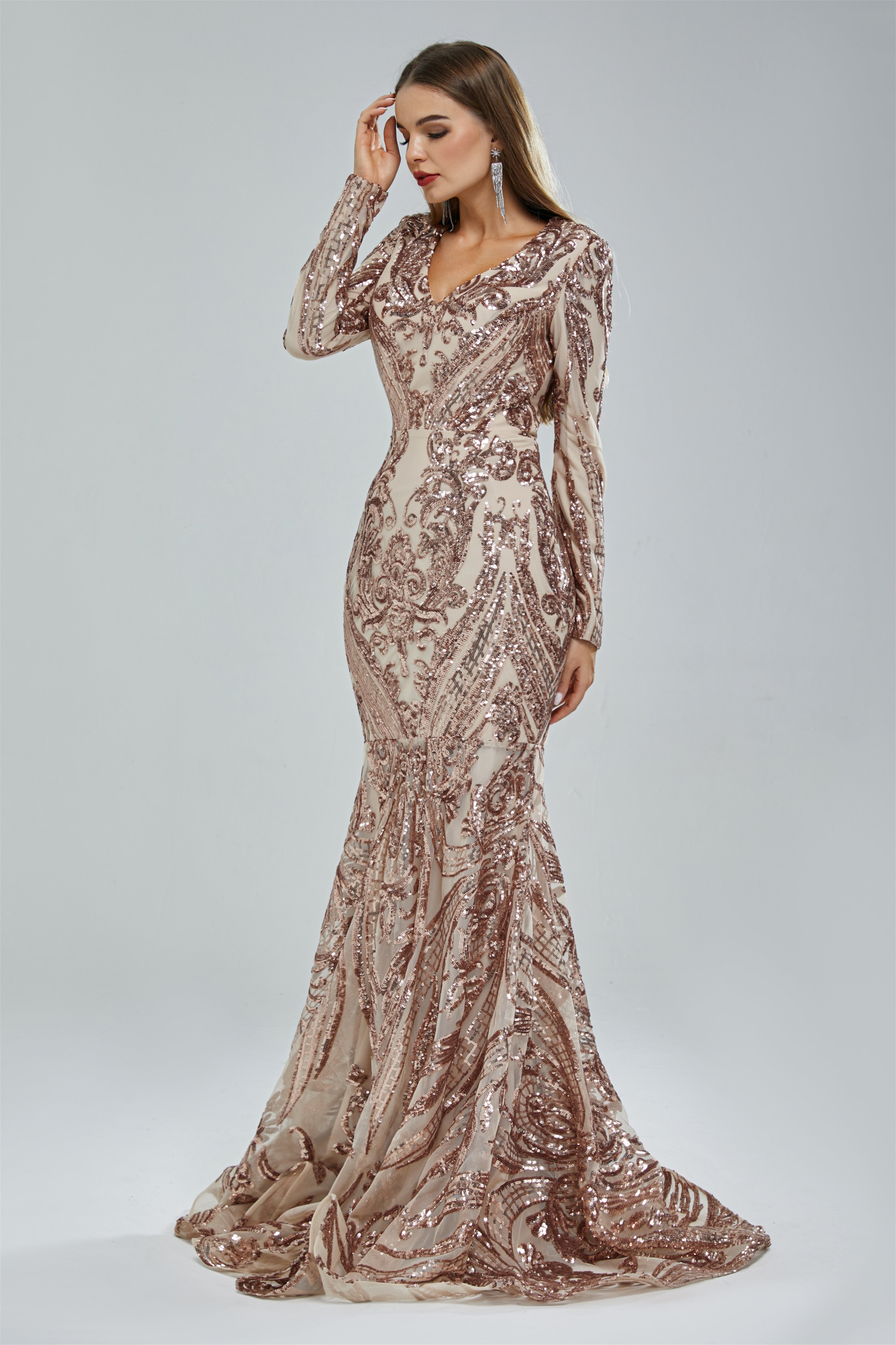 Gorgeous V-Neck Mermaid Prom Dress Long Sleeves Sequins Long