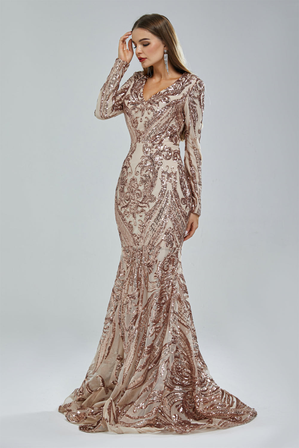 Gorgeous V-Neck Mermaid Prom Dress Long Sleeves Sequins Long