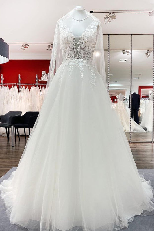 Elegant V-Neck A-Line Wedding Gown with Open Back and Tulle Lace