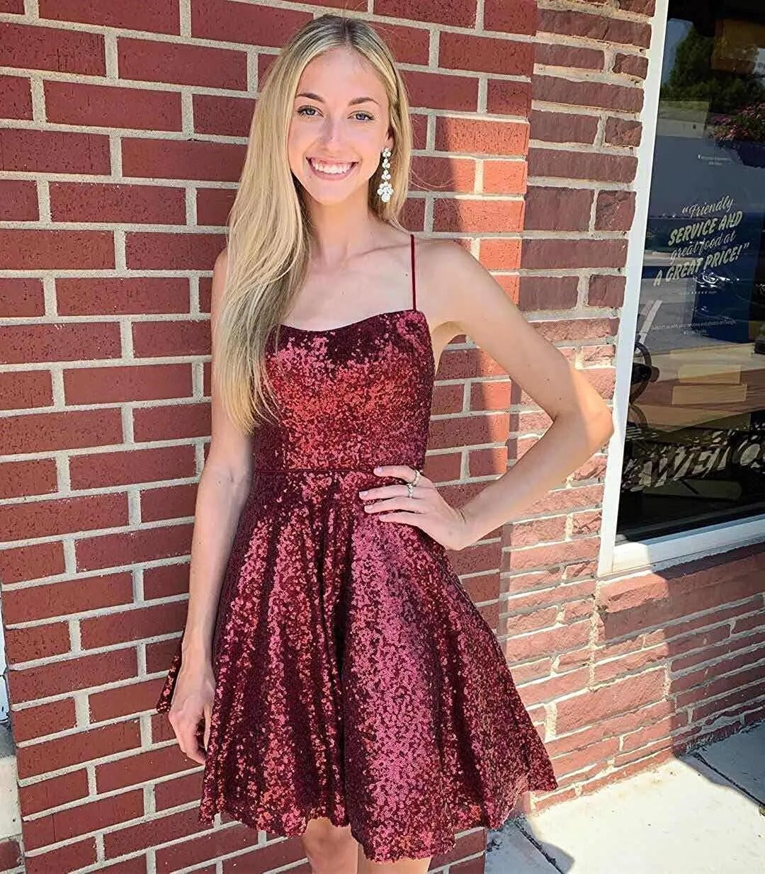 Burgundy Sequin Short  Spaghetti Straps A Line Homecoming Dress Cocktail Dresses
