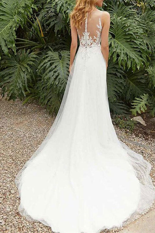 Wedding Dress with Lace and Split Sleeveless Design