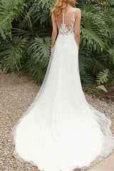 Wedding Dress with Lace and Split Sleeveless Design
