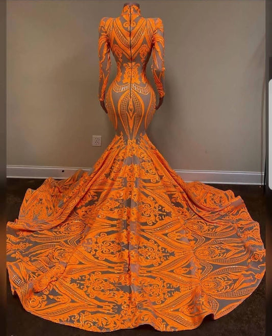 Gorgeous Orange High-Neck Long Sleeves Prom Dress Mermaid Sequins