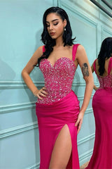 Stunning Fuchsia Straps Mermaid Prom Dress Split With Beads Sequins
