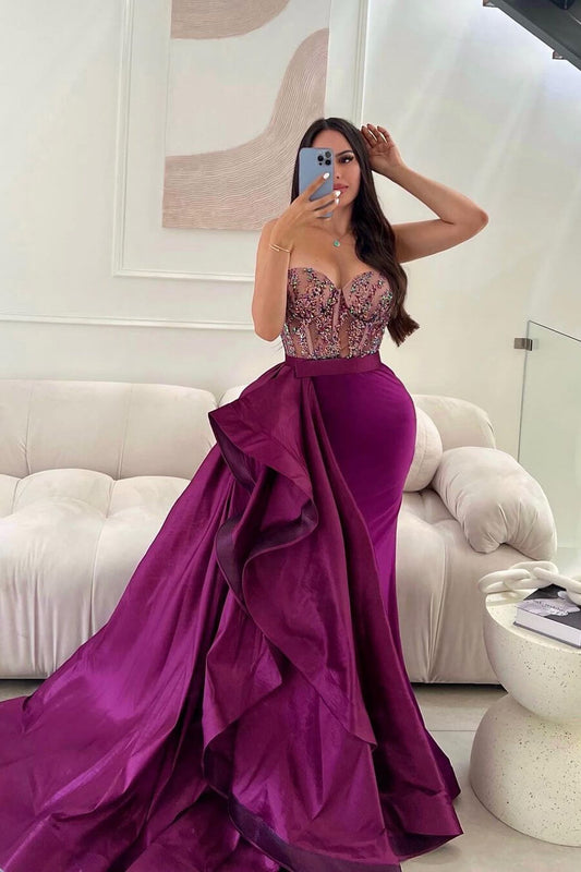Fabulous Purple Sweetheart Sleeveless Mermaid Prom Gown With Beadings Ruffles