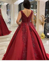 Elegant A-Line Satin Wedding Dress with V-Neck, Ruffles, and Beaded Appliques