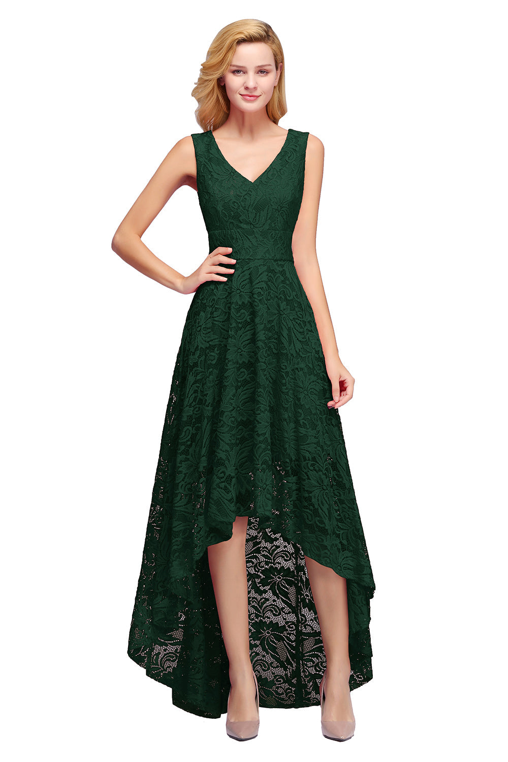 Burgundy A-line Hi-lo V-neck Lace Dresses