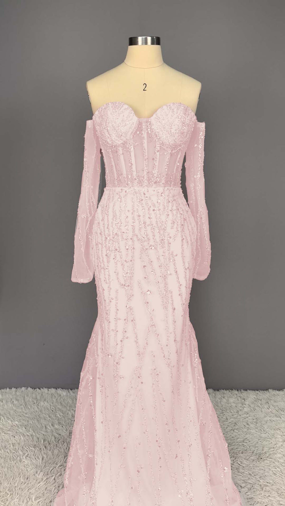 Heavy Champagne Prom Dress Sweetheart Long Sleeves Strapless Beads Mermaid Tulle