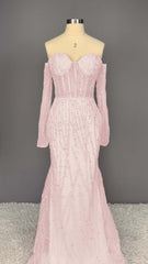 Heavy Champagne Prom Dress Sweetheart Long Sleeves Strapless Beads Mermaid Tulle