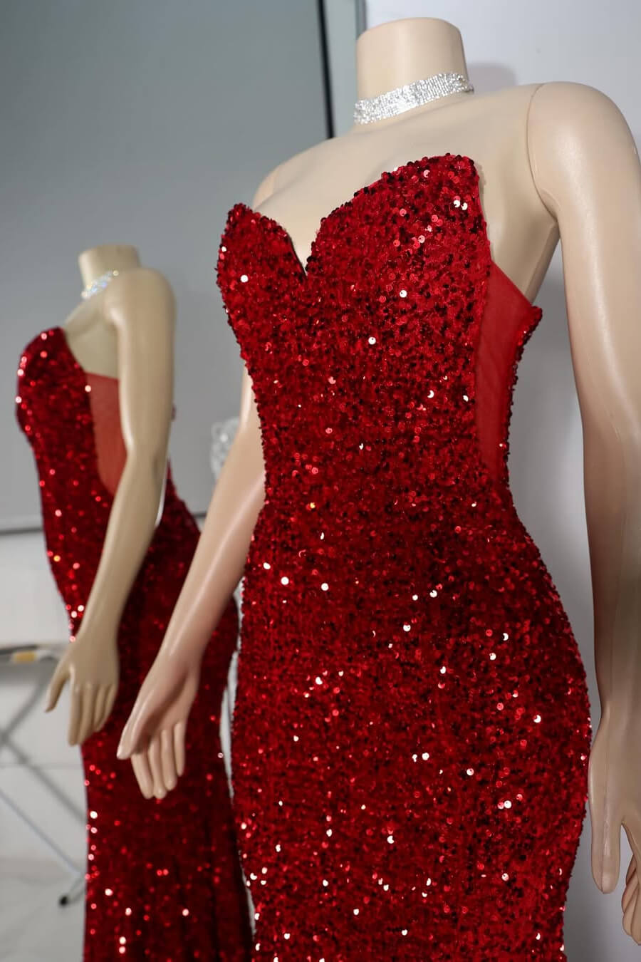 Stunning Red Sweetheart Sequins Prom Dress Mermaid Lace-Up Back