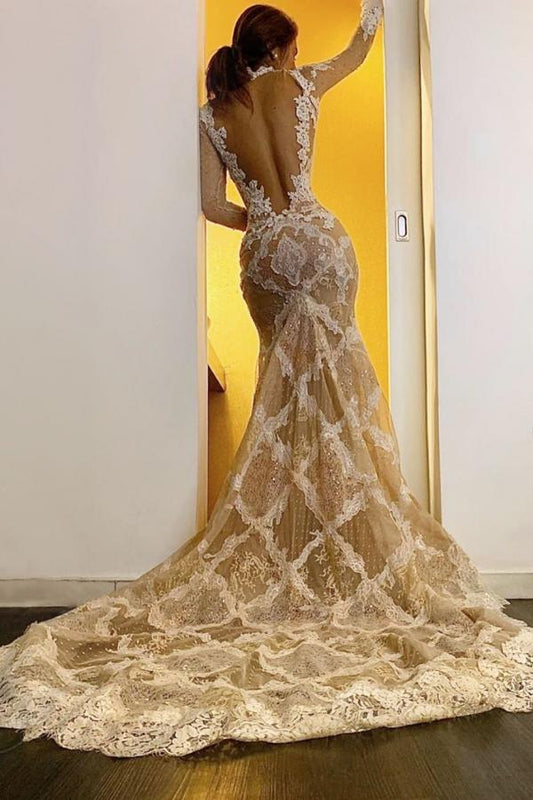 Elegant High-neck Lace Mermaid Wedding Dress with Long Sleeves and Open Back