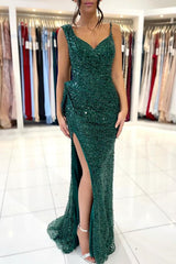 Elegant Dark Green V-Neck Mermaid Prom Dress Sequins Beads Sleeveless Long With Slit