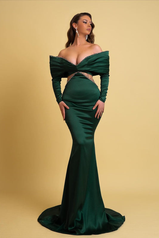 Emerald Green Prom Dress Off the Shoulder Sexy V Neck Mermaid Gown
