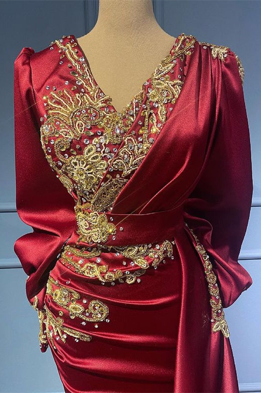 Burgundy Long Sleeves Beads Mermaid Ruffles Evening Dress with Appliques