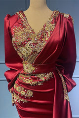 Burgundy Long Sleeves Beads Mermaid Ruffles Evening Dress with Appliques