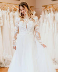 Elegant Off-the-Shoulder A-Line Wedding Gown with Long Tulle Sleeves and Lace