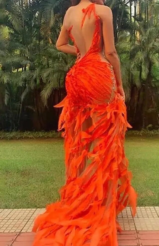 Fabulous Orange Sleeveless Mermaid Prom Dress Hi-Lo With Ruffles