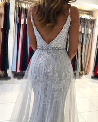 Elegant Spaghetti-Straps Sweetheart Lace Tulle Prom Dress With Appliques