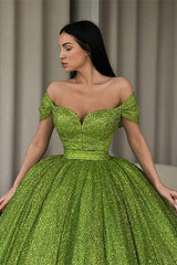 Green Off-the-Shoulder Ball Gown Evening Dress with Sequins