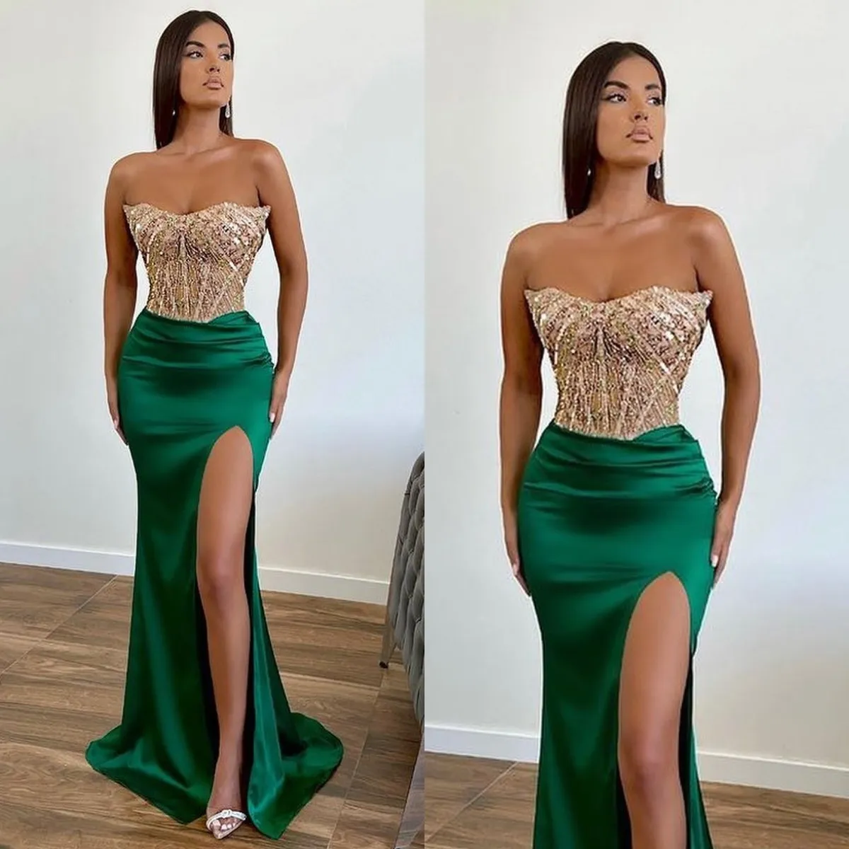  Dark Green Beaded Mermaid Prom Dress Strapless Slit Sequins Gown