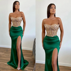  Dark Green Beaded Mermaid Prom Dress Strapless Slit Sequins Gown