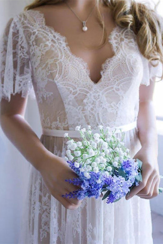 Short Sleeve Boho Lace Wedding Dress