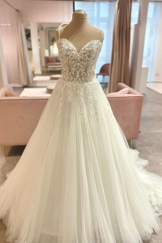 Sweetheart Wedding Dress with Floral Lace Tulle and Amazing Spaghetti Straps