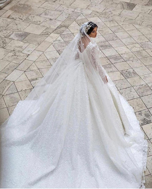 Elegant Deep V-neck A-Line Wedding Gown With Long Sleeves and Lace Appliques