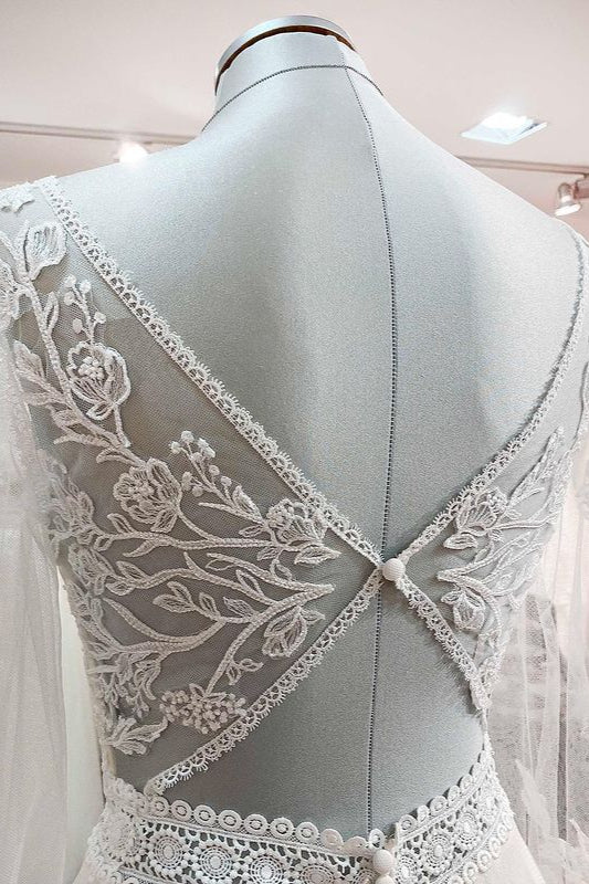 Elegant Sweetheart Neckline Long A-line Bridal Gown With Sleeves Featuring Tulle Beadings and Lace