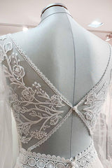 Elegant Sweetheart Neckline Long A-line Bridal Gown With Sleeves Featuring Tulle Beadings and Lace
