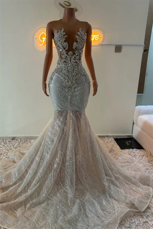 Modern Silver Sleeveless Scoop Prom Dress Mermaid Long With Sequins Beadings Crystals