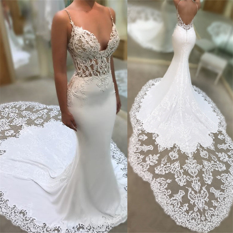 Mermaid Wedding Dress with V-Neck and Spaghetti-Straps Applique by Ballbellas