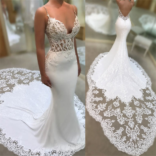 Mermaid Wedding Dress with V-Neck and Spaghetti-Straps Applique by Ballbellas