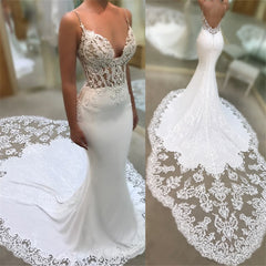 Mermaid Wedding Dress with V-Neck and Spaghetti-Straps Applique by Ballbellas