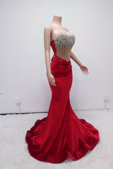 Stunning Red Strapless Mermaid Prom Dress With Crystal Beads