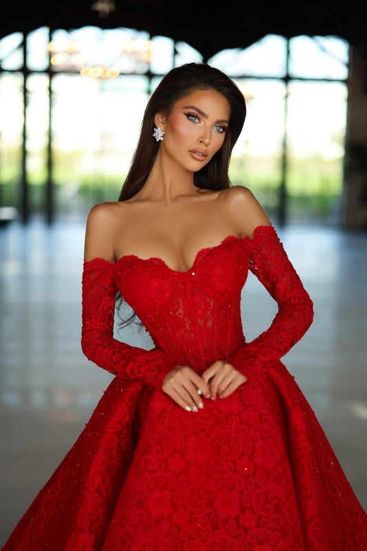 Red Strapless A-Line Beads Prom Dress Long Sleeves with Lace Appliques
