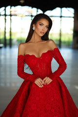 Red Strapless A-Line Beads Prom Dress Long Sleeves with Lace Appliques
