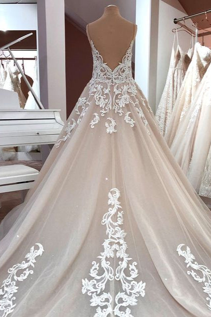 Elegant A-Line Wedding Dress with Sequins, Lace, and Tulle Appliques on Spaghetti Straps