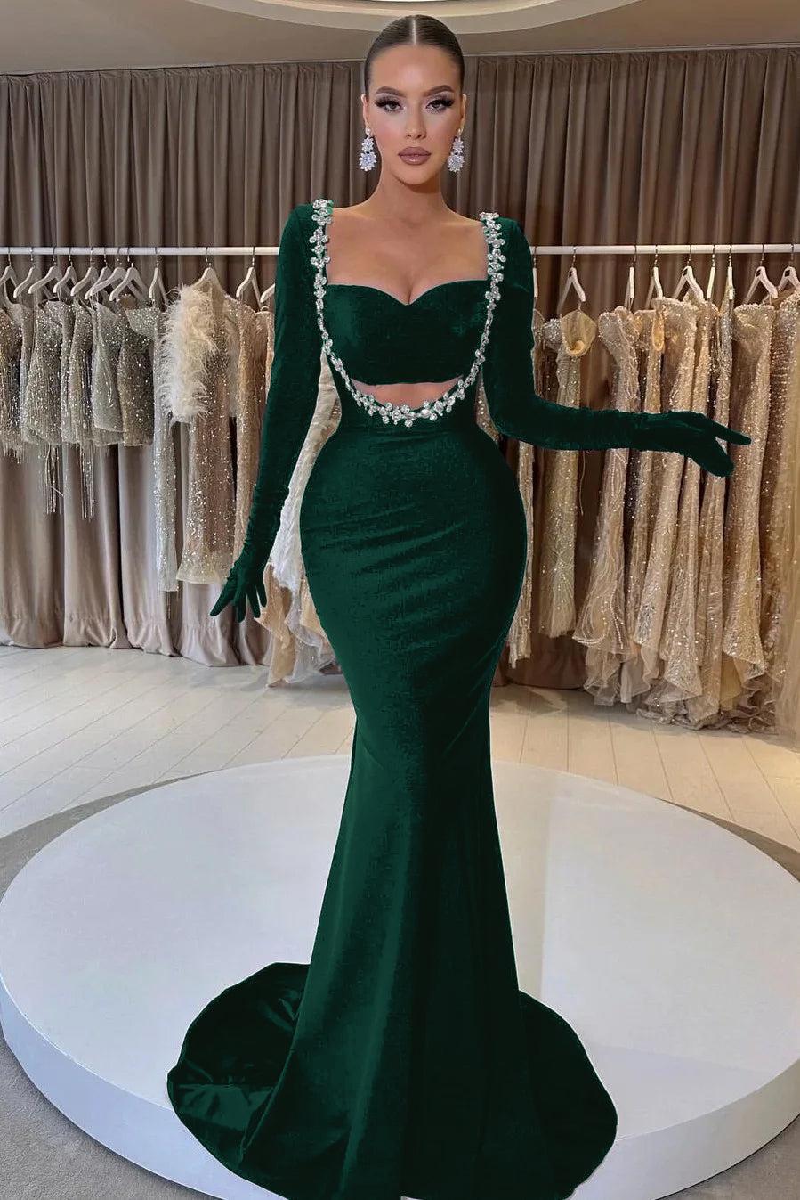 Black Beaded Prom Dress With Gloves Sweetheart Long Sleeve Mermaid