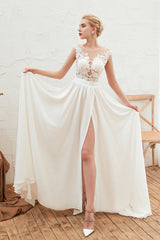 Elegant Bateau Neckline Chiffon Lace Wedding Gown with Ruffles and Slit
