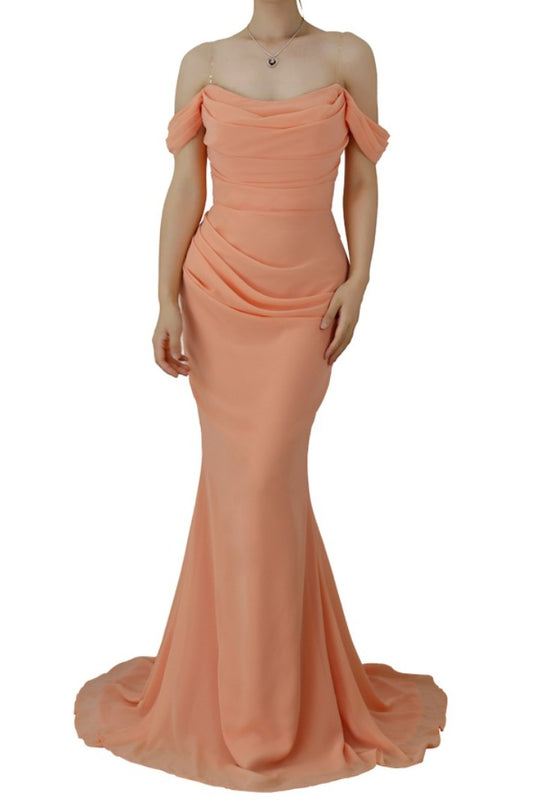 Mermiad Long Prom Dress Lotus Root Pink Off the Shoulder Pleated