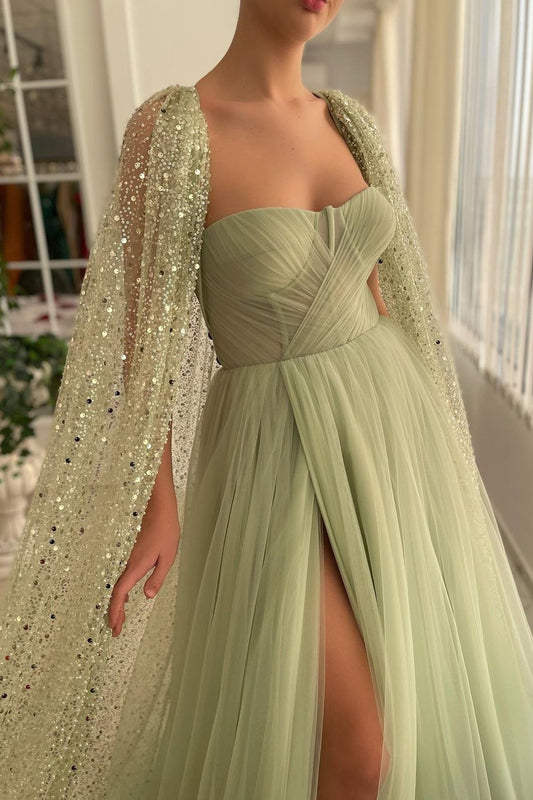 Gorgeous Sage Green Strapless Tulle Prom Dress Long Split With Sequins Cape