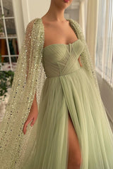 Gorgeous Sage Green Strapless Tulle Prom Dress Long Split With Sequins Cape
