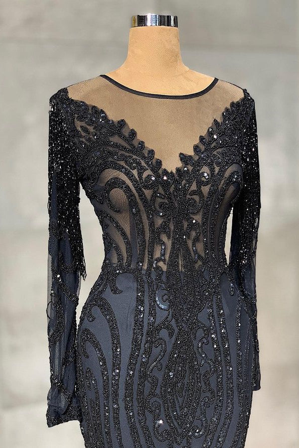Classic Black Mermaid Prom Dress Long Sleeves Tulle With Sequins