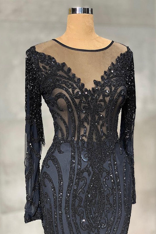 Classic Black Mermaid Prom Dress Long Sleeves Tulle With Sequins