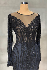 Classic Black Mermaid Prom Dress Long Sleeves Tulle With Sequins