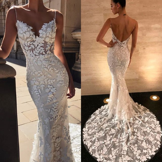 Long Mermaid Wedding Dress with Backless Spaghetti Straps and Lace Appliques