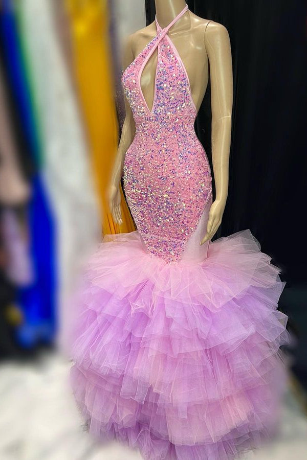 Classy Pink Halter Prom Dress Mermaid Sequins Sleeveless With Ruffle