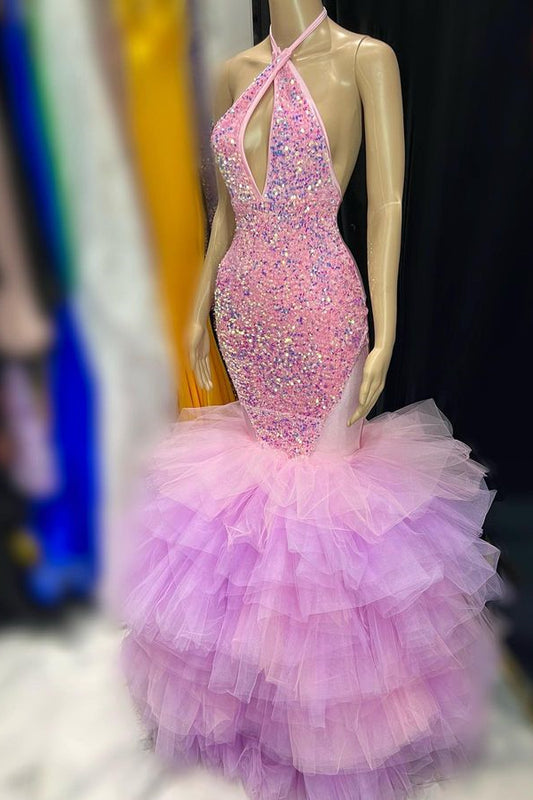 Classy Pink Halter Prom Dress Mermaid Sequins Sleeveless With Ruffle